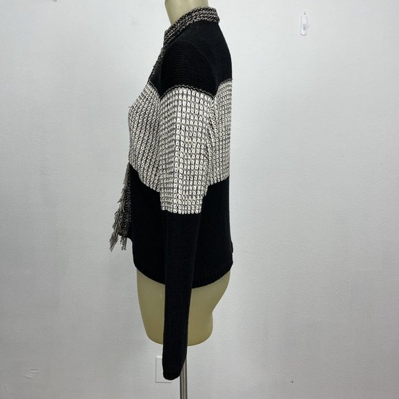 Chico's 1 Women's Arlene Cardigan Sweater black beige Cotton Size Medium Fringe - Picture 4 of 9